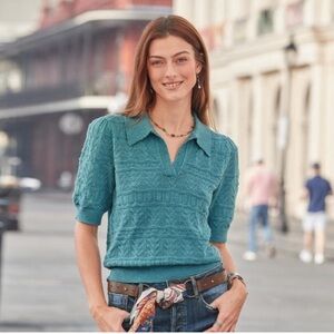 Sundance Roslyn Pullover Collared Pointelle Sweater Top Half Sleeve Size XXL